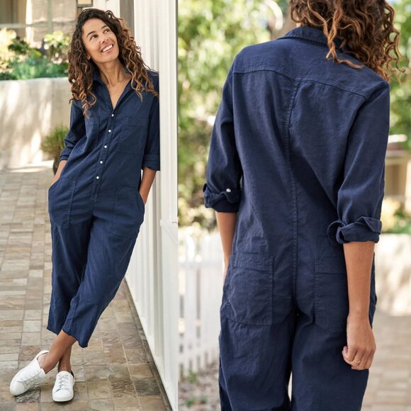 Frank & Eileen Northern Ireland Jumpsuit Navy Blue Italian Linen Size M - Picture 2 of 9